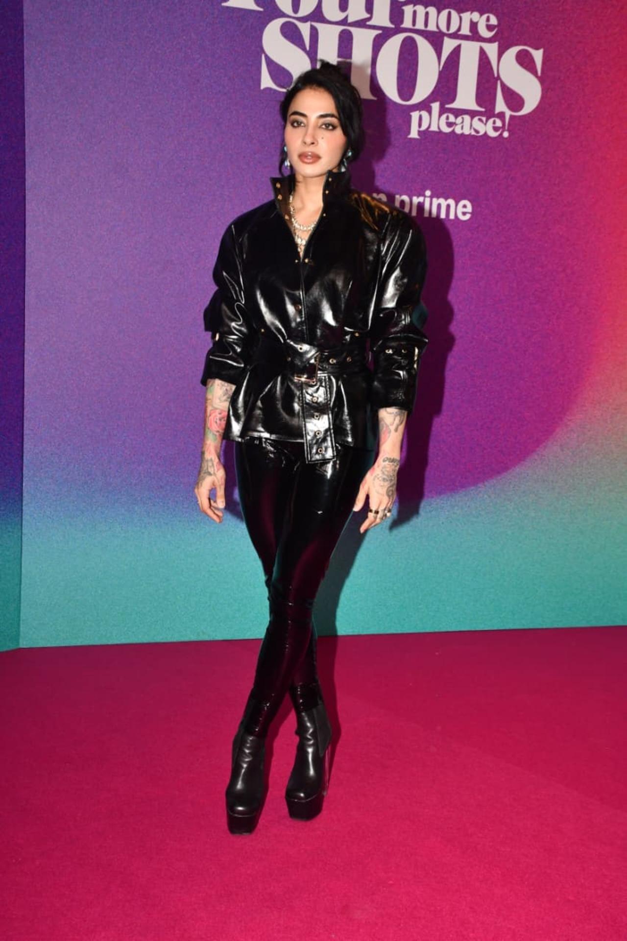 Bani J was spotted at an event for the upcoming season of her show Four More Shots Please! in an all-black leather look.